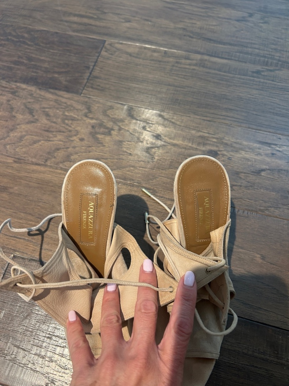 Aquazzura Beige Lace-Up Suede Mules